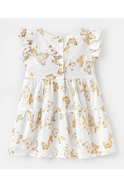 Bonfino Bonfino 100% Cotton Woven Frill Sleeves Frock With  Allover Butterfly Print - Ivory