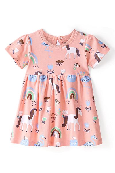 Bonfino Bonfino 100% Cotton Knit Half   Sleeves Frock With Bloomer Unicorn Print- Peach