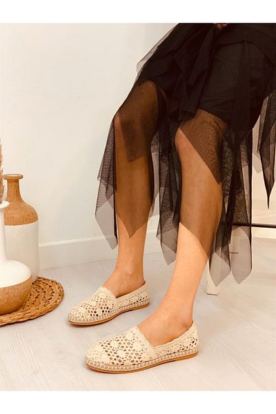 Crash Women's Casual Summer Flats Lace Beige Espadrille