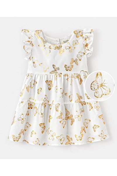 Bonfino Bonfino 100% Cotton Woven Frill Sleeves Frock With  Allover Butterfly Print - Ivory