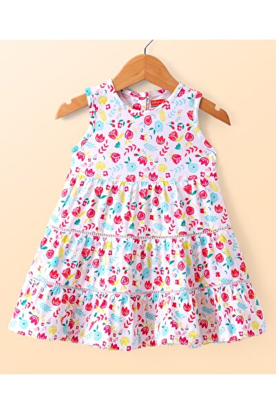 Babyhug Single Jersey Knit Floral Printed Frock Full Sleeves Floral Denim Jacket-White&Blue