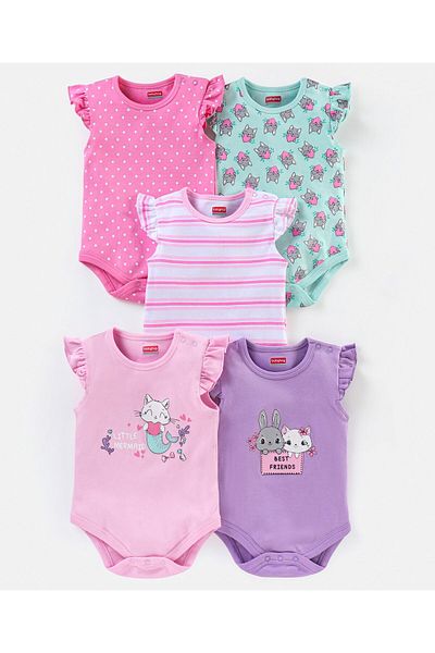 Babyhug طقم ملابس نوم بطبعة قطط بأكمام مكشكشة من القطن بنسبة 100% مكون من 5 قطع - وردي بنفسجي وأخضر