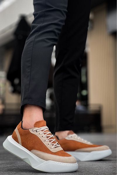 BOA Ba0354 Casual Lace-Up Men's High Sole Cream Detailed Tan Suede Sneakers