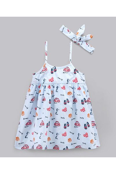 Bonfino Bonfino Sleeveless Frock With Hairband Printed - Blue