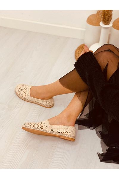 Crash Women's Casual Summer Flats Lace Beige Espadrille