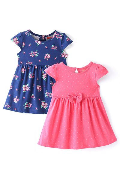 Babyhug فستان Babyhug Single Jersey Knit بأكمام قصيرة وطبعات الأزهار والنقاط البولكا وربطة عنق - عبوة من قطعتين - أزرق ووردي