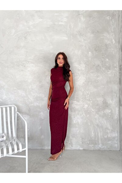 OlaLady Women's Turtleneck Draped Silvery Long Dress