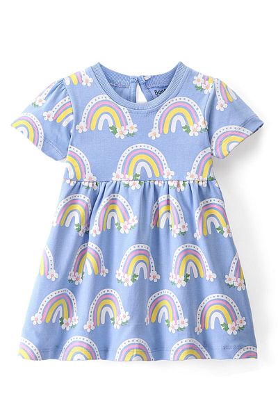 Bonfino Bonfino 100% Cotton Knit Half   Sleeves Frock With Bloomer Rainbow Print - Blue