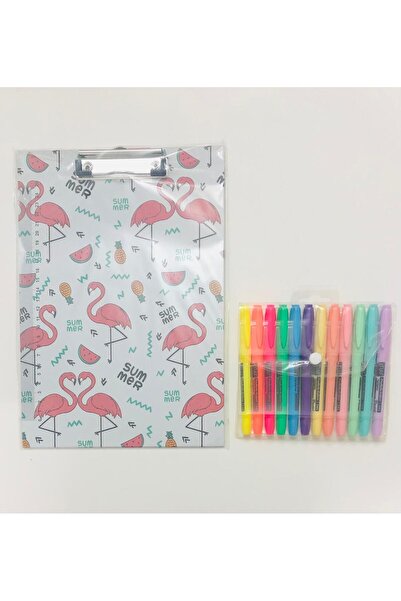 Südor Desenli Sekreterlik - Kalem Tip Fosforlu Kalem 12 Renk ( 6 Canlı-6 Past...