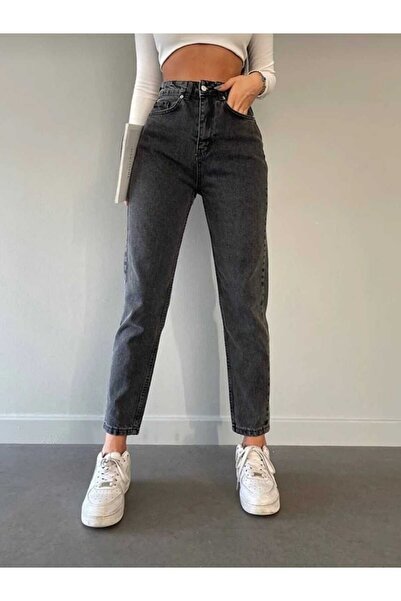 dressmix Aideen Jeans Kadın Yüksek Bel Boyfriend Likralı Siyah Füme Mom Jean