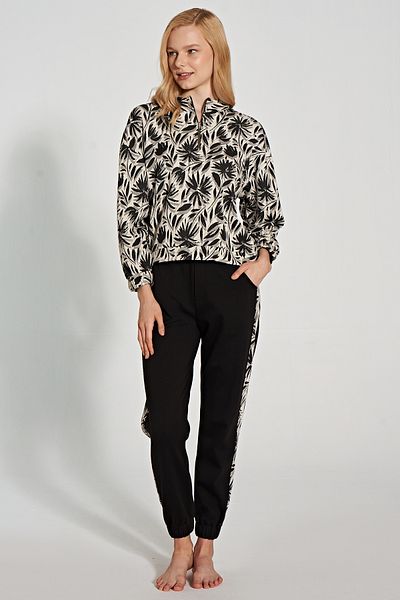 Feyza Set pijamale pentru femei, cu model de frunze, guler, mâneci cu fermoar și picioare elastice