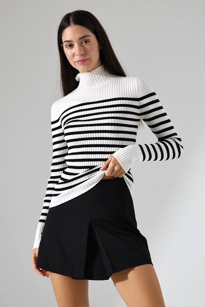 Lavinza Half Turtleneck Striped Knitwear Sweater – Long & Fitted, 100% Viscose, Ecru-Black