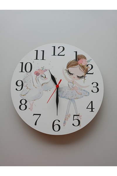 UViolets Dekoratif Ahşap Baskılı Balerin Kız Ve Kuğu Çocuk Odası Duvar Saati ...