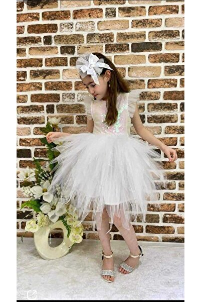 ABİYECİM43 PULLU KIRPIK BEYAZ ABİYE ELBİSESİ