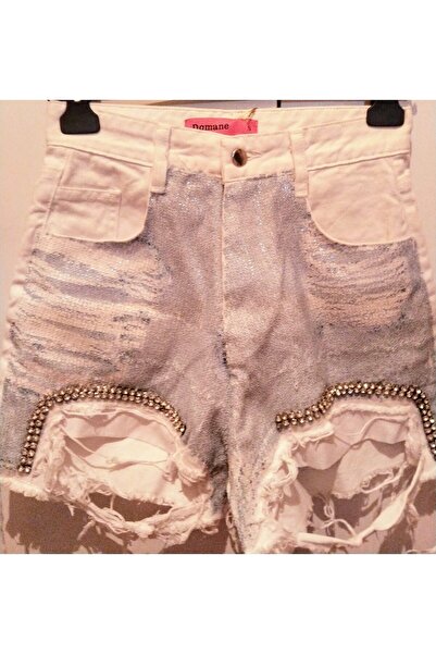 DQMANE TASARIM BEYAZ JEAN TAŞ İŞLİ SORT