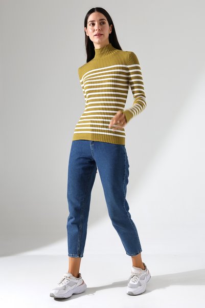 Lavinza Half Turtleneck Striped Knitwear Sweater – Long & Fitted, 100% Viscose, Green-Ecru