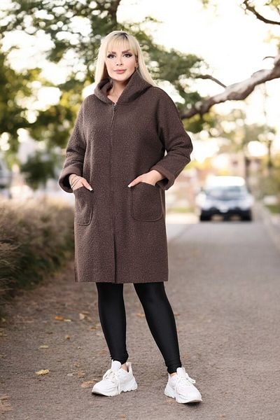 MODASTRO Plus Size Brown Hooded Seasonal Boucle Coat