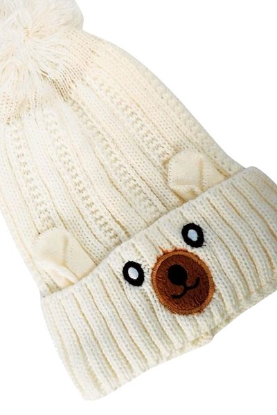 NEZADE STORE Cream Wool Figured Pompom Children's Beanie