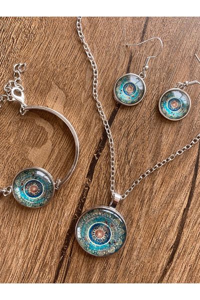 Store Vintage Style Motif Print Necklace Bracelet Earrings Jewelry Set