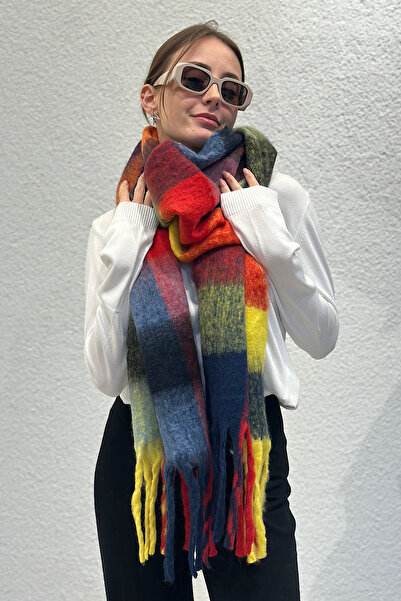 novon Angora Textură Bloc de Culoare Eșarfă cu Detaliu Franjuri Groase Ultra ...