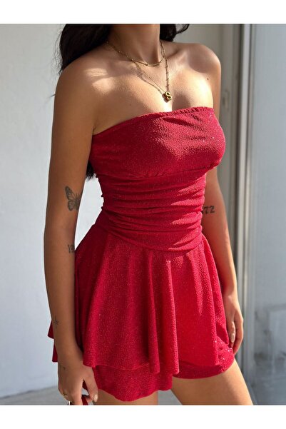 OlaLady Kadın Straplez Sandy Kumaş Şortlu Prenses Etek Mini Kloş Elbise