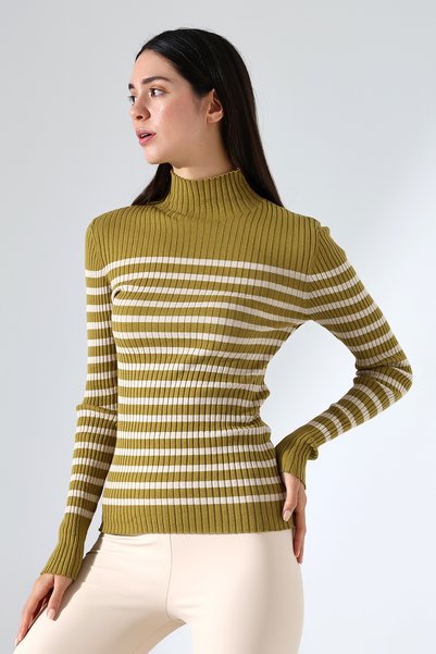 Lavinza Half Turtleneck Striped Knit Sweater – Long & Fitted, 100% Viscose, Green-Beige