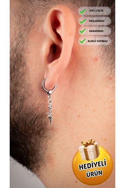 Piercing Market Steel & Silver Men's Unisex Steel Jewelry Ring Dangle Model Earrings Does Not Darken Rust