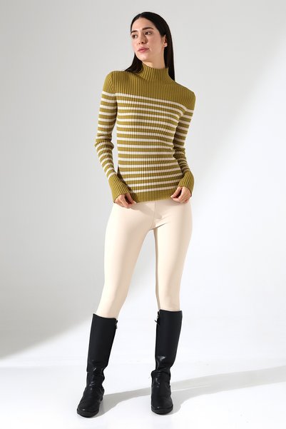 Lavinza Half Turtleneck Striped Knit Sweater – Long & Fitted, 100% Viscose, Green-Beige