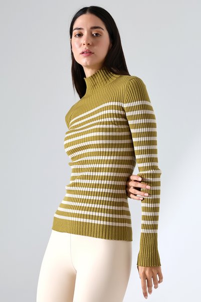 Lavinza Half Turtleneck Striped Knit Sweater – Long & Fitted, 100% Viscose, Green-Beige