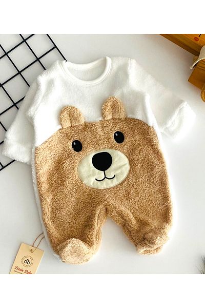 DERİNBEBE Cheerful Babies Teddy Bear Embossed Pattern Self Booties Welsoft Fabric Jumpsuit Coffee