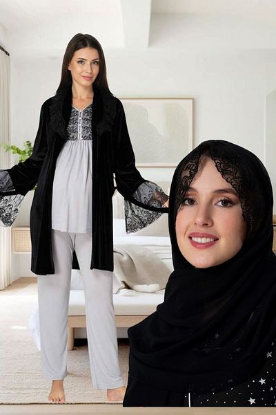 Effort Pijama Venera Effort Maternity Lace Detailed Elegant 4-Piece Luxury Pajamas Set