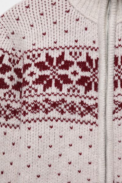 Quzu Stand Collar Patterned Zippered Cardigan Claret Red