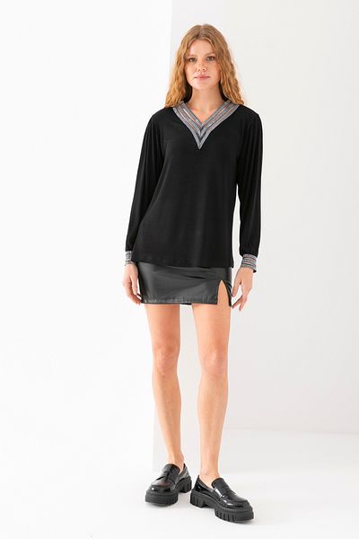 EtkiModa Women's Black Long Sleeve Viscous Blouse with Stone Stripe Collar and Sleeves
