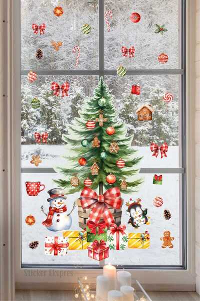 Sticker Ekspres يتوهم شجرة عيد الميلاد السنة الجديدة زجاج الباب الجدار ملصق مجموعة