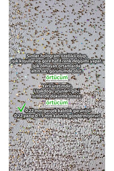 Örtücüm Altın Simli Yuvarlak İnce Şeffaf Naylon Muşamba Pvc 0.22 mm Kalınlık Masa Örtü Koruyucu Silinebilir