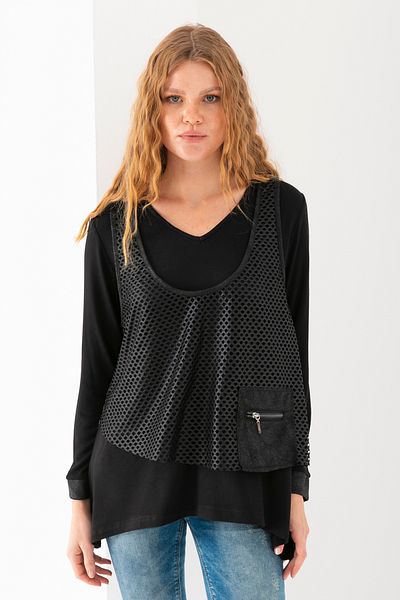 EtkiModa Women's Black Mesh Vest Skirt Asymmetrical Suit Tunic