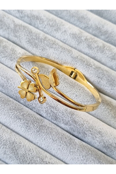 Brassito Kadın çelik bileklik yonca kelebek model gold renk bilezik 316L ayar...