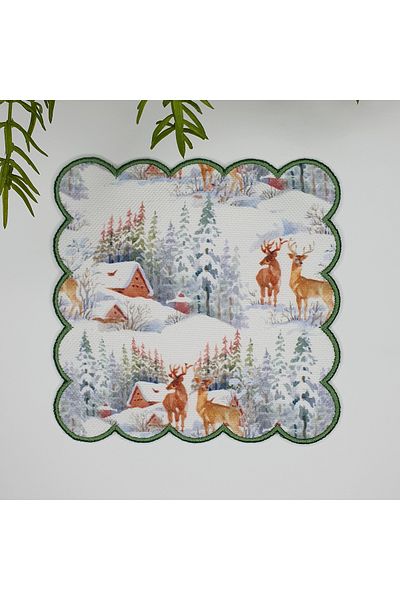 DECO 1 Piece Embroidered Water Color Deer and Snow View Washable Cocktail Napkin