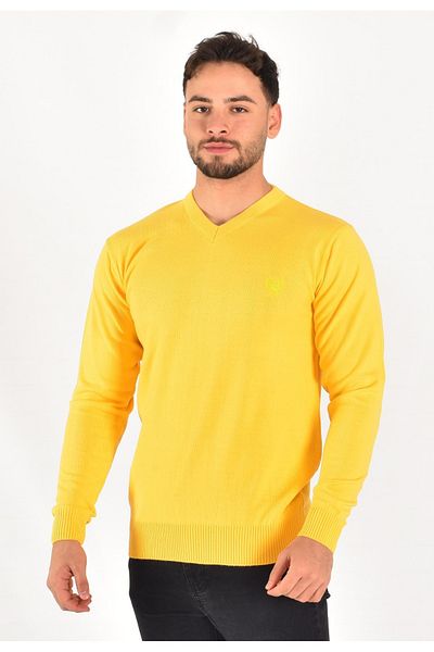 MİWAN COLLECTİON V-Neck Yellow Slim Fit Men's Knitwear Sweater