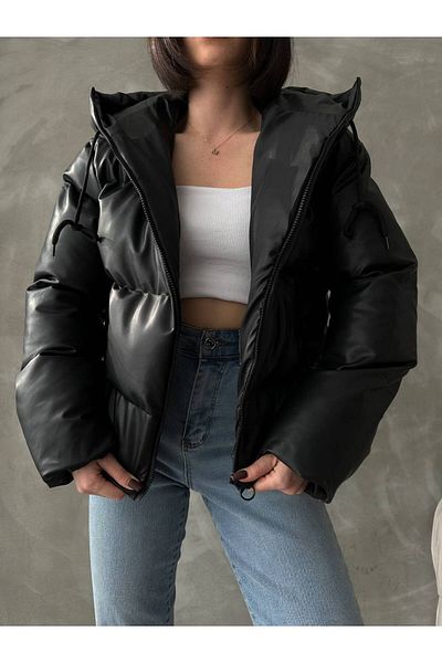 MEYASU Women's Black Leather Hooded Puffer Coat