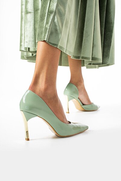 Güllü Shoes Světle zelené lakované veganské kožené dámské boty na podpatku – pohodlné pro každodenní i zvláštní příležitosti
