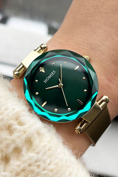 Homies Women's Wristwatch Cut Glass Waterproof Gold-green Color Steel Cord Bracelet Gift Hmby2025c2