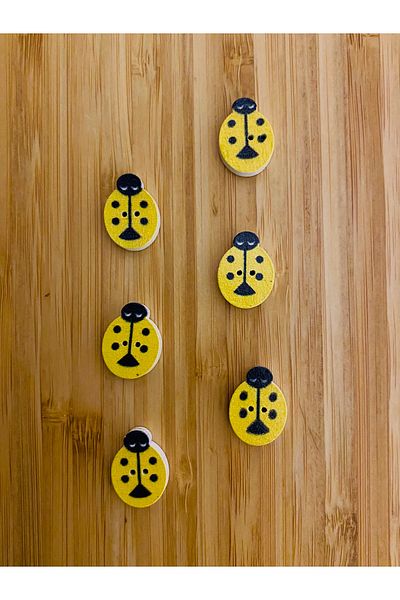 Kartopu Small Hole Ladybug Shaped Painting Wooden Button 18X13 Mm. Pack of 6. Yellow.