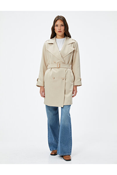 Koton Trençkot Kruvaze Kapama Düğmeli Kemerli Cepli Rüzgarlık Detaylı