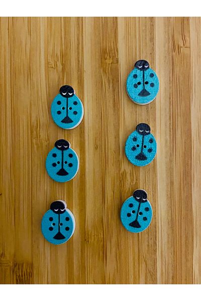 Kartopu Small Hole Ladybug Shaped Painting Wooden Button 18X13 Mm. Pack of 6. Turquoise.