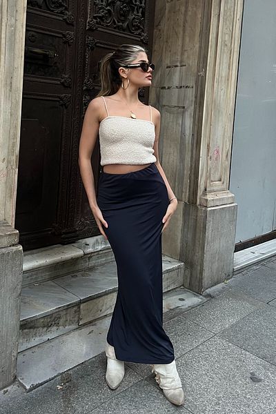 la & vetta Navy Blue Maxi Basic Skirt