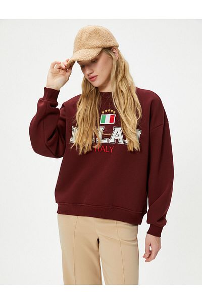 Koton Italy Raised Applique Sweatshirt - Long Sleeve, Crew Neck, Cotton