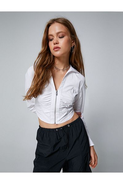 Koton Cămașă Crop Fermoar Detaliat Adunat Slim Fit