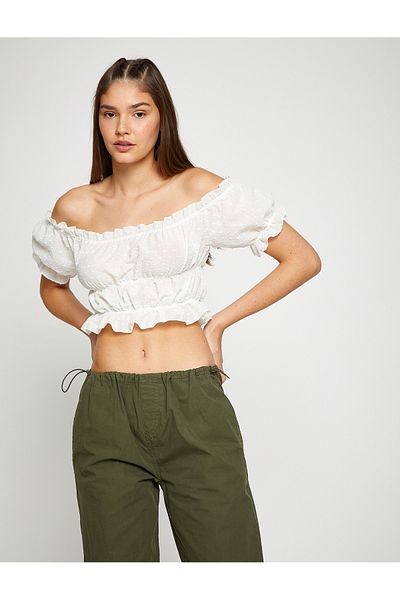 Koton Madonna Collar Blouse Crop Off the Shoulder Ruffles Short Sleeve Textured