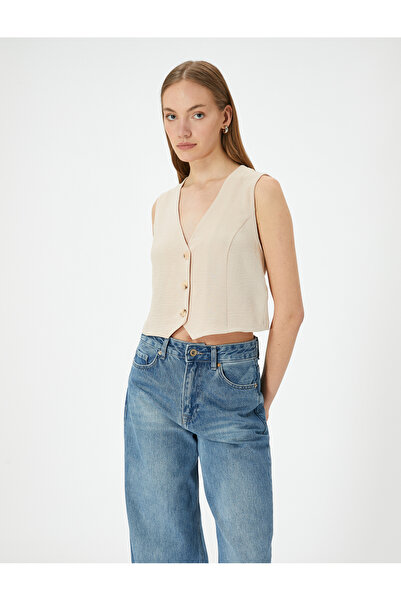 Koton Crop-Weste-Bluse aus dünnem Aerobin-Stoff mit V-Ausschnitt und Knöpfen